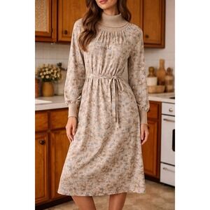Becker Street 70s Floral Turtleneck Dress Belted Fits M Vintage Academia